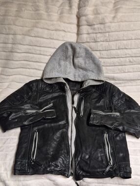 Maurius Men's Black Leather Jacket with Gray Hooded Liner